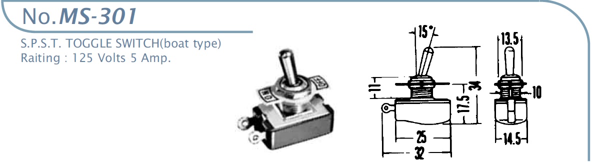 MS-301 Toggle switch boat type 1 pole 1 terminal 125v 5A