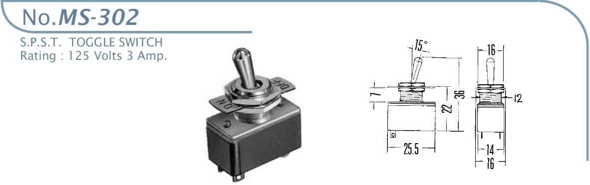 MS-302 Toggle switch 1 pole 1 terminal 125V 3A