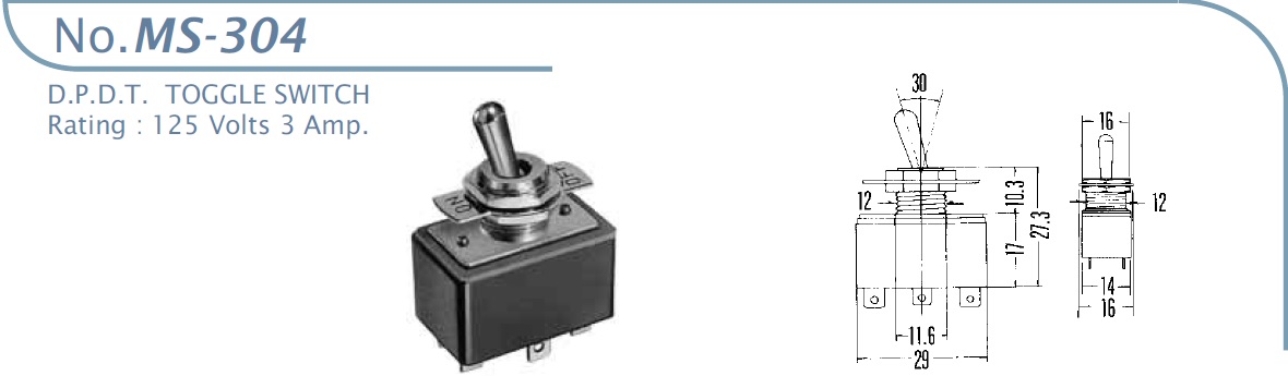 MS-304 interrupteur à levier 2 poles 2 terminals 125v 3A